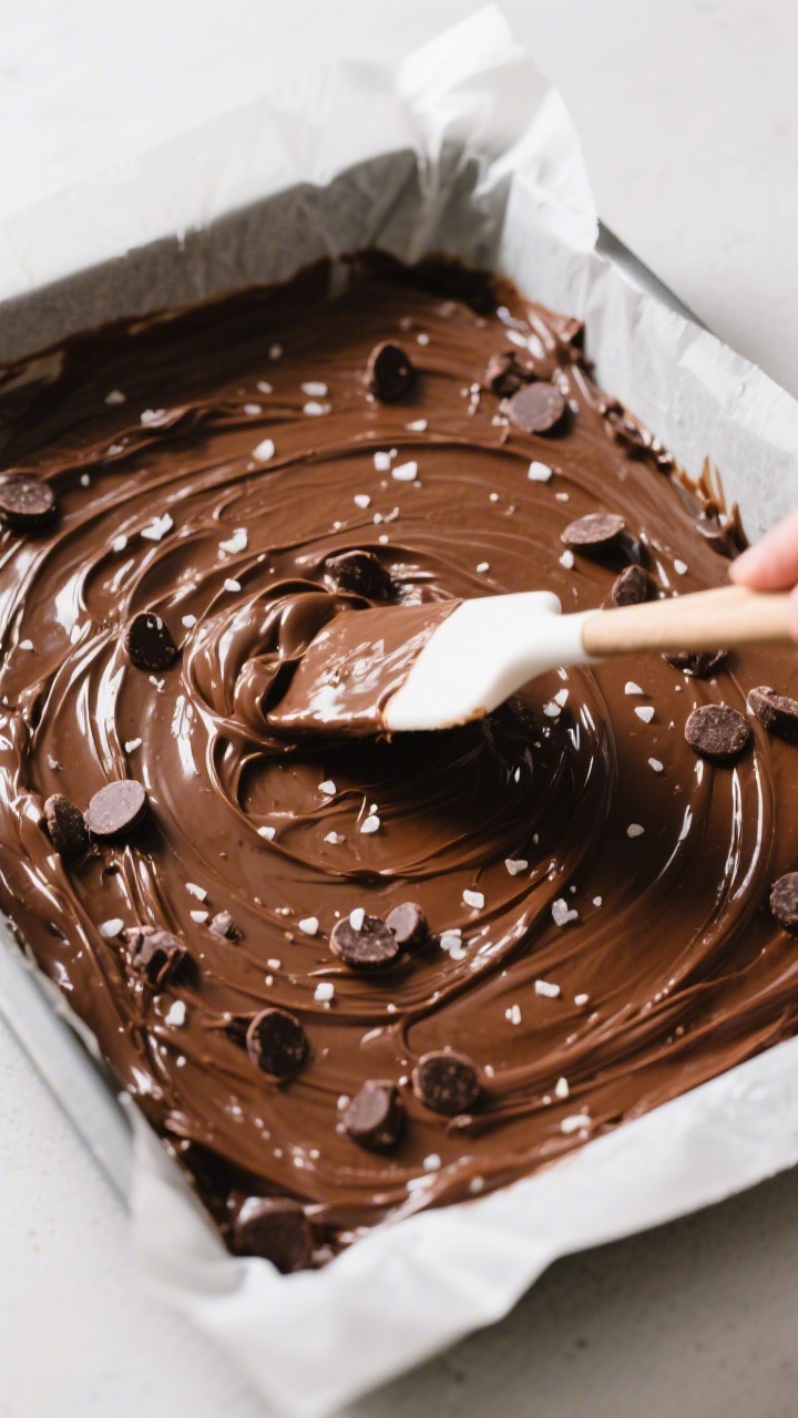 Cooking process: Overhead shot of the thick, glossy brownie batter being smoothed in the prepared pa