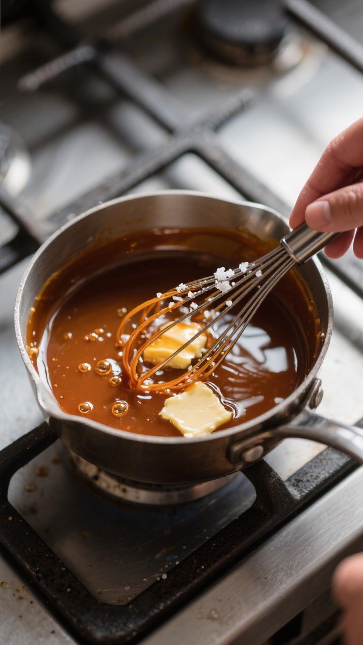 Cooking process: Overhead shot of the whiskey caramel being finished in a small heavy saucepan—car