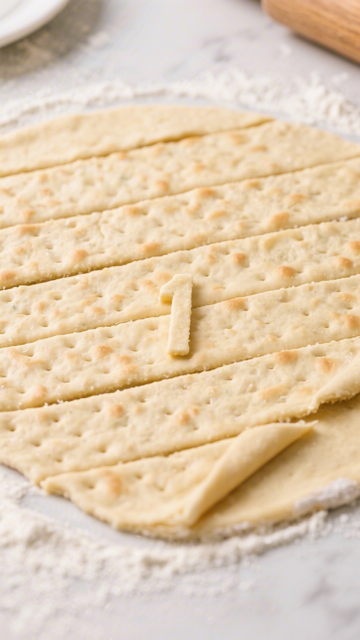 Cooking process: Overhead shot of thinly rolled cracker dough on a lightly floured surface, cut into