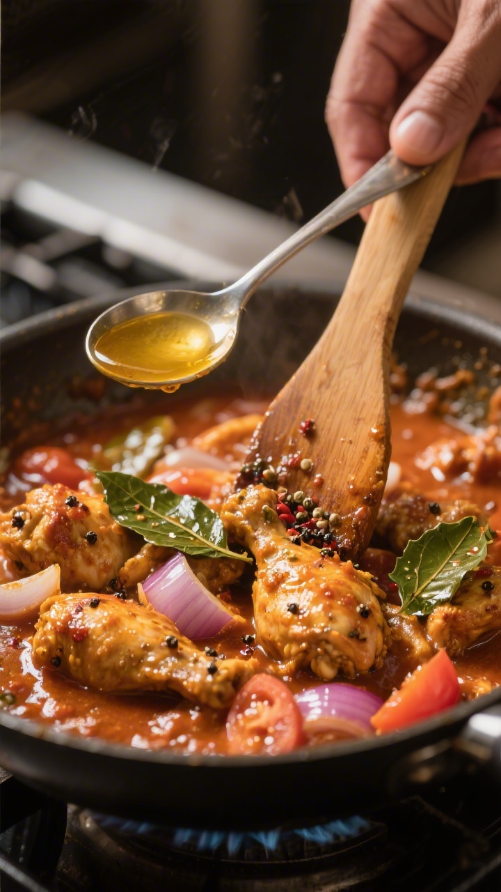 Cooking process: Pepper chicken mid-reduction, sauce thickening and coating the chicken as a wooden