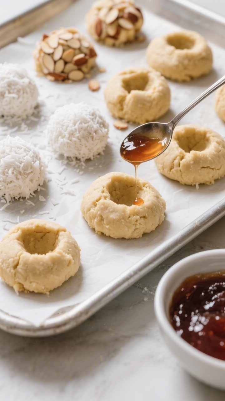 Cooking process: Shaped cookie dough balls on a parchment-lined baking sheet, some rolled in finely