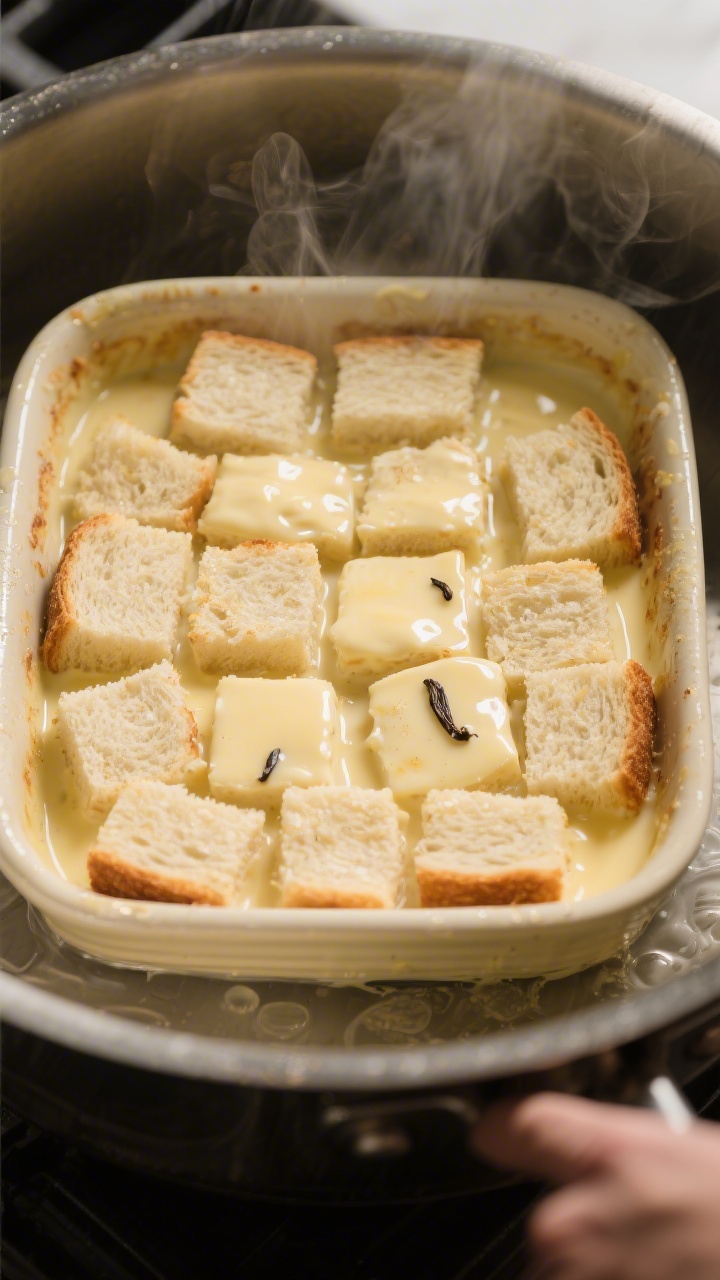 Cooking process shot: overhead view of soaked bread cubes pressed into a buttered casserole, custard