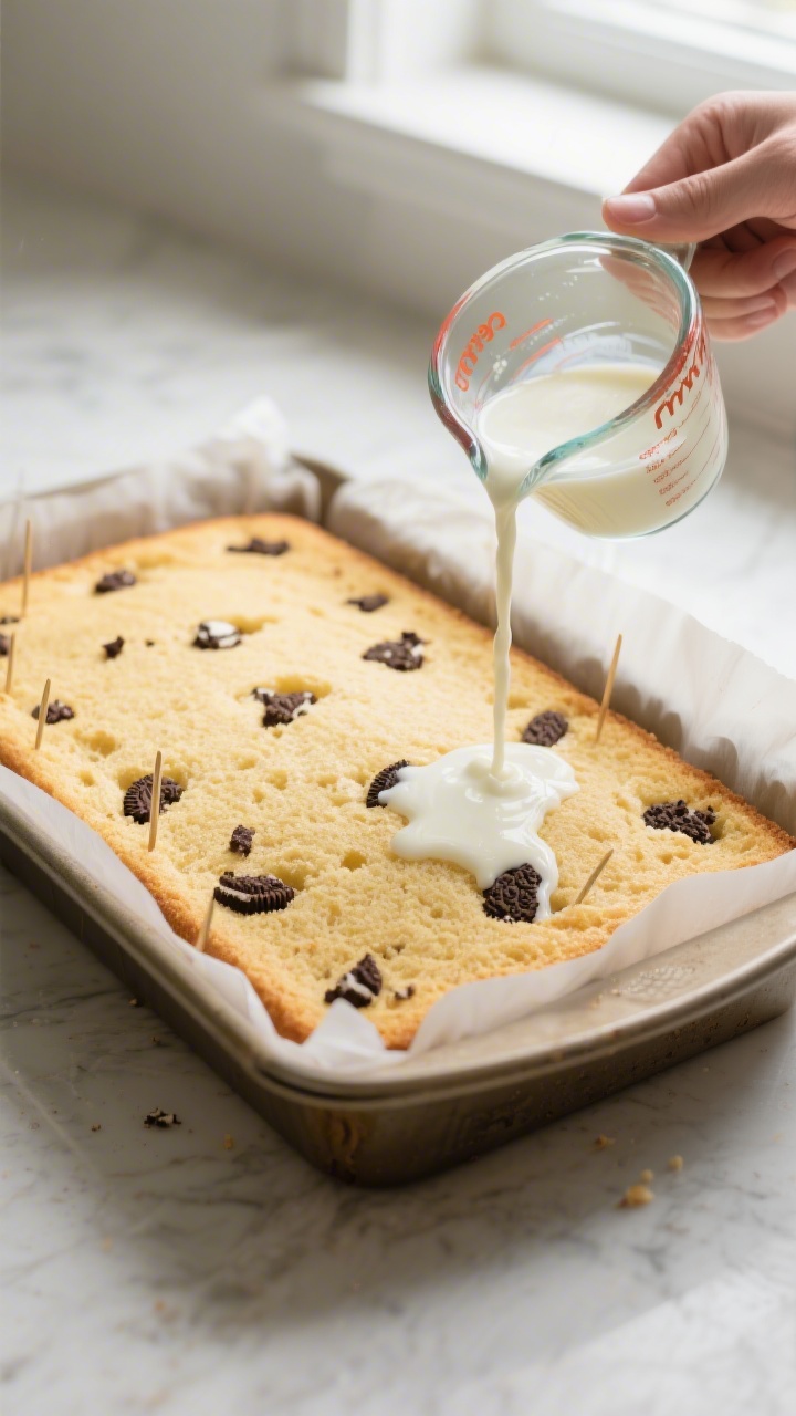 Cooking process — Soaking stage: Overhead shot of a freshly baked, golden 9x13 sponge cake in a pa