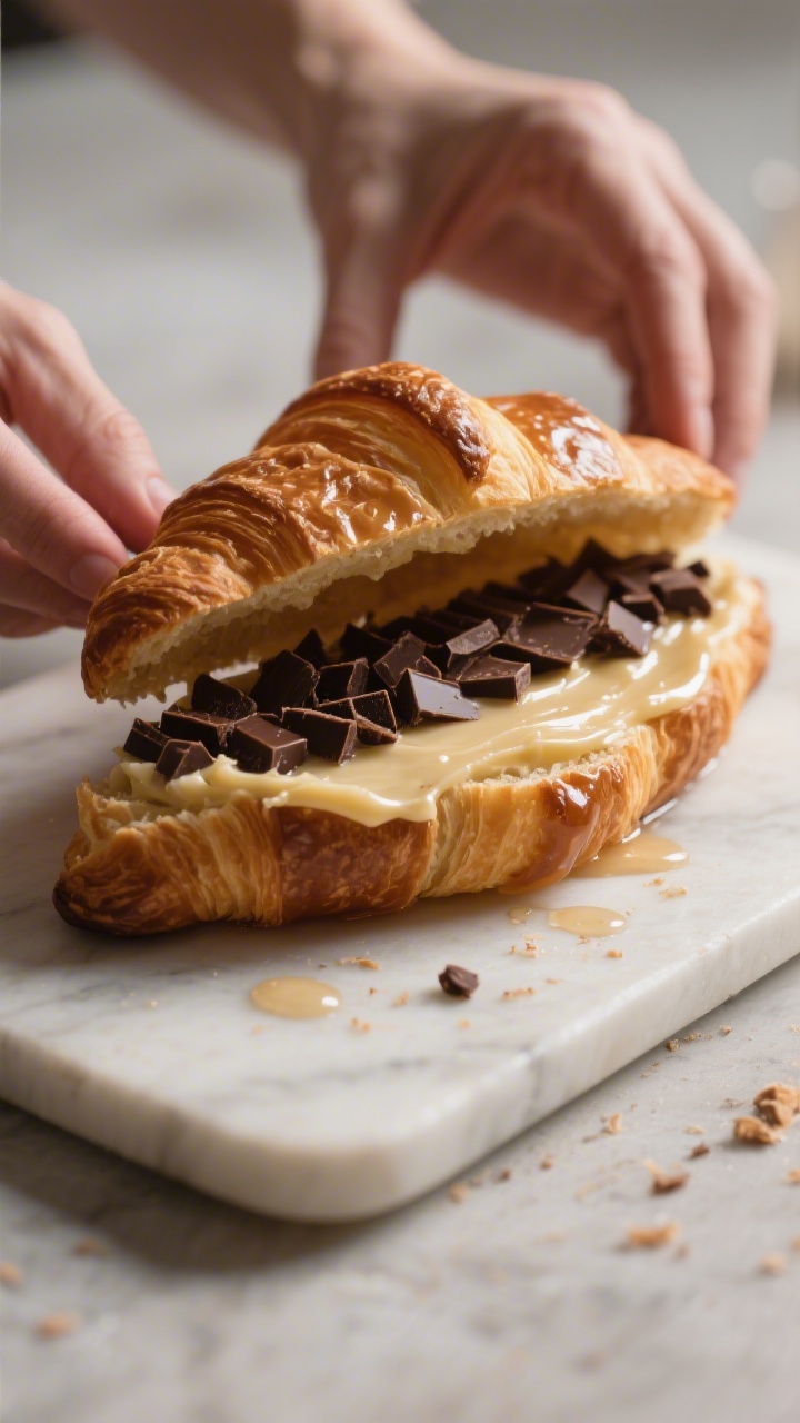 Cooking process: Split croissant on a board being assembled—bottom half brushed lightly with gloss