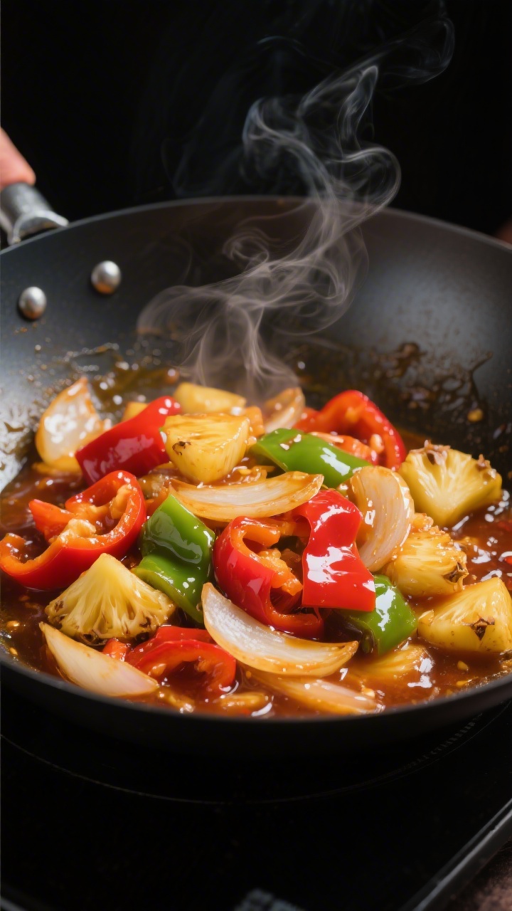 Cooking process: Stir-frying stage in a wok—glossy sweet and sour sauce simmering and thickening a