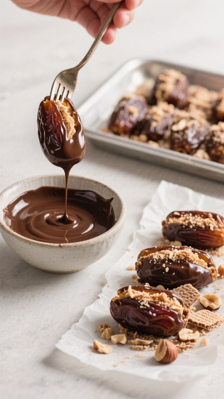 Cooking process: Stuffed dates being dipped in melted chocolate—one date balanced on a fork over a