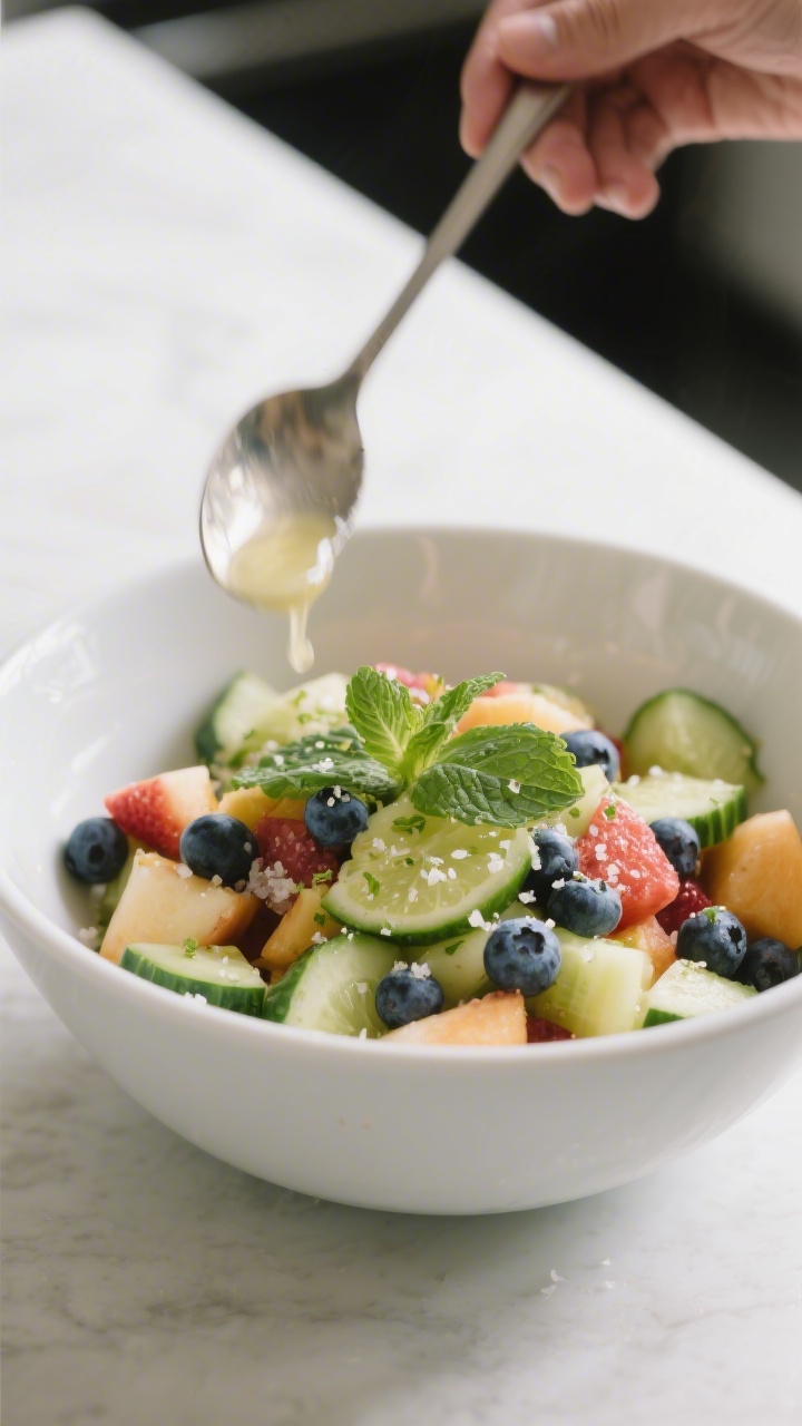Cooking process: The prepared fruit salad being gently folded in a wide white mixing bowl—dressing
