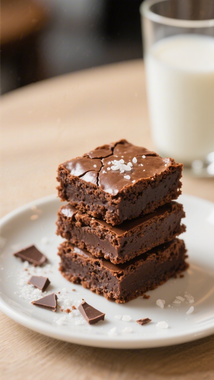 Final dish plated: Neat stack of three brownie squares on a small white ceramic plate, crisp shiny c