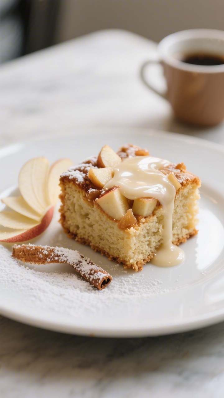 Final dish presentation: A single generous square of Apple Fritter Cake plated on a matte white dess