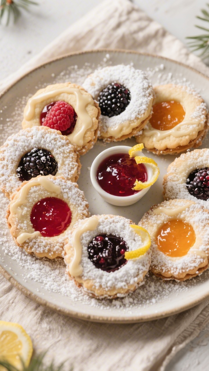 Final dish presentation: Beautiful holiday-ready platter of assorted thumbprint cookies arranged in