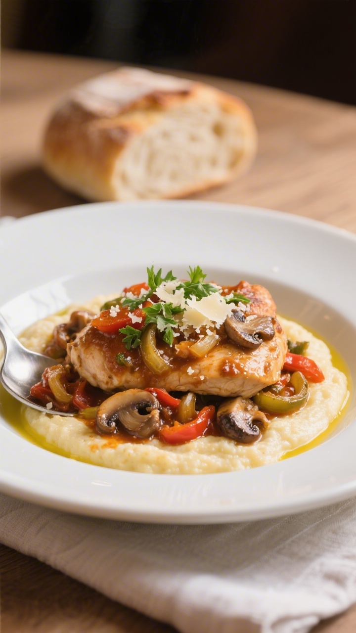 Final dish presentation: Beautifully plated chicken cacciatore over creamy polenta in a wide, shallo