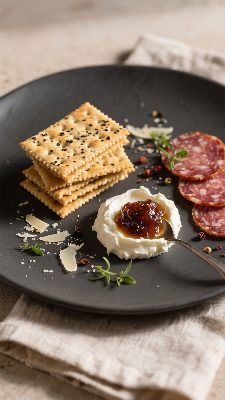 Final dish presentation: Beautifully plated stack and scatter of Asiago black pepper crackers on a m