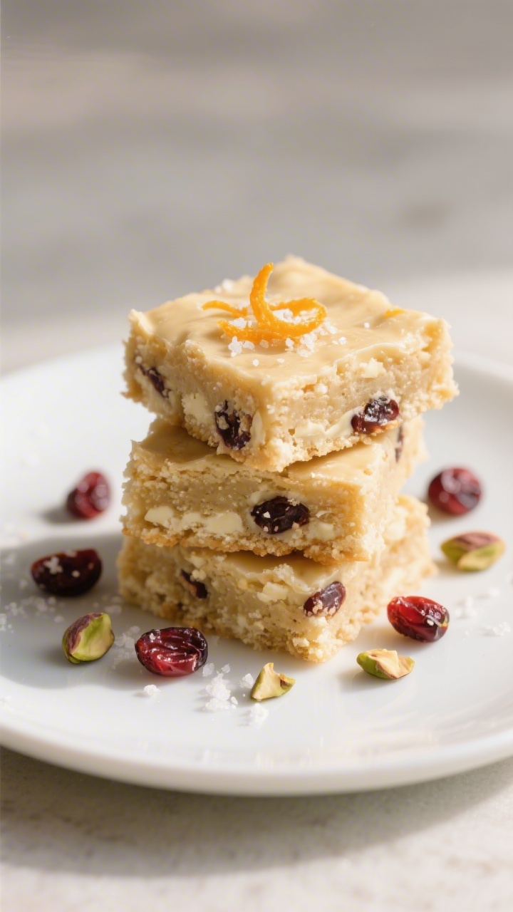Final dish presentation: Beautifully plated White Chocolate Cranberry Blondie Bars cut into neat squ