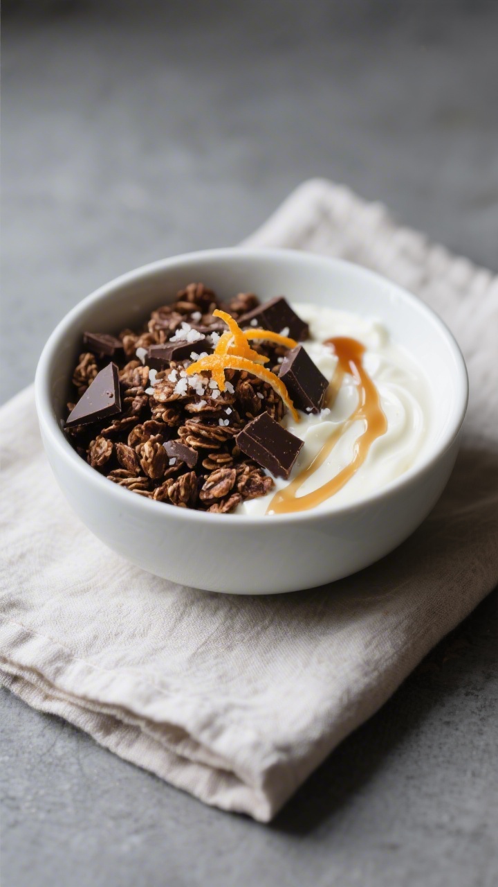 Final dish presentation: Restaurant-quality breakfast bowl of dark chocolate granola over creamy van