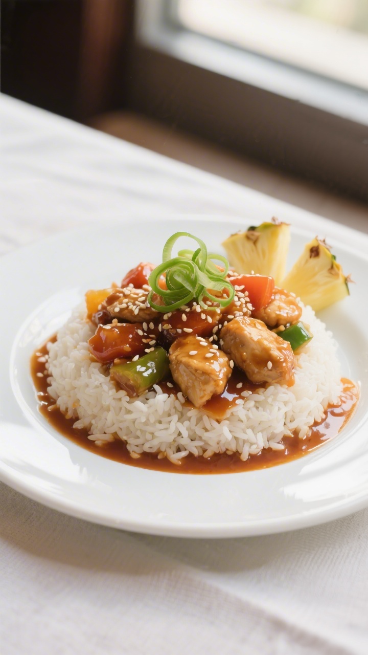Final dish presentation: Restaurant-quality plate of sweet and sour chicken over a neat mound of ste