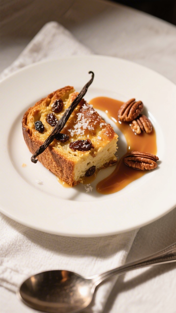Final dish presentation: Restaurant-quality plating of bread pudding on a matte white plate—neat,