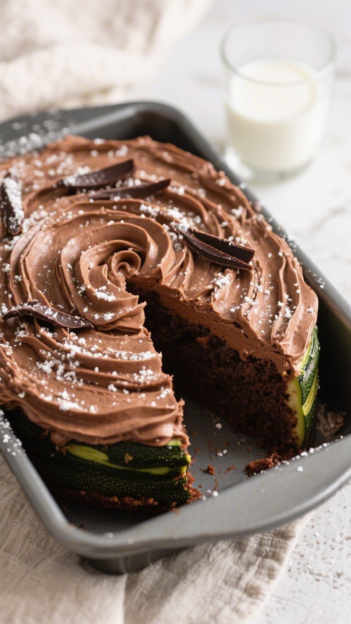 Final dish presentation: Restaurant-quality scene of fully cooled and frosted chocolate zucchini cak