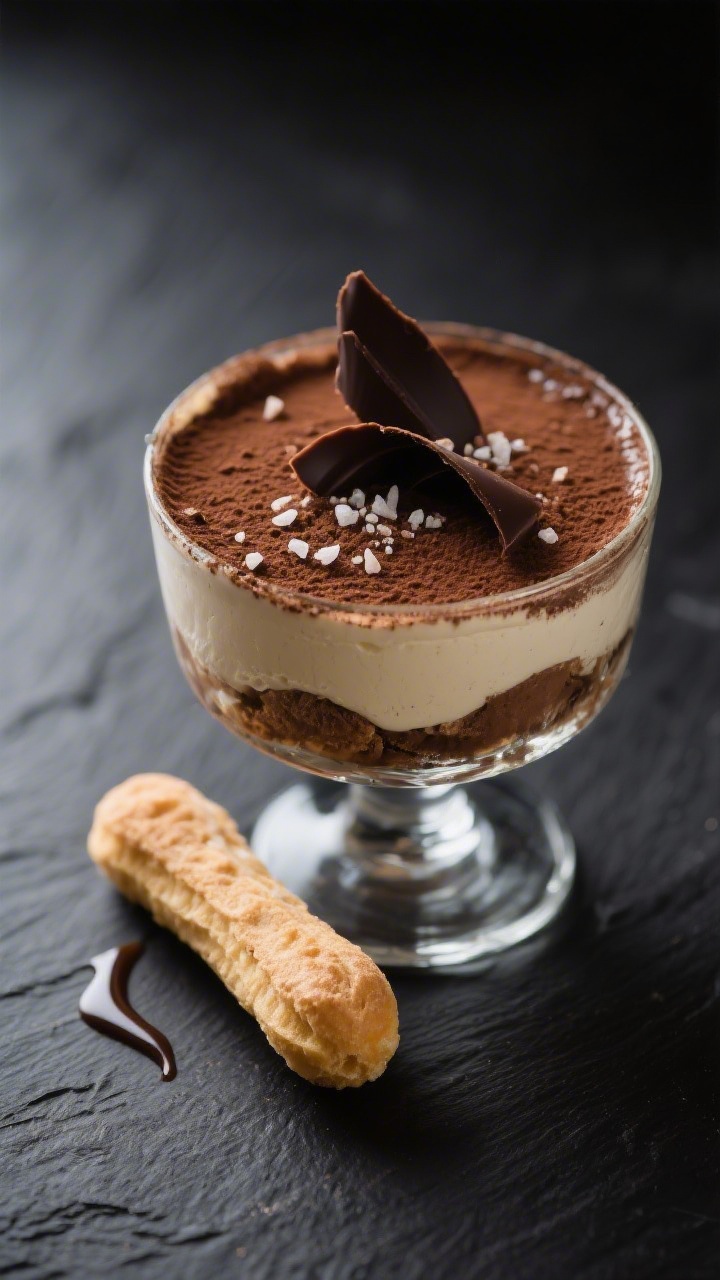Final dish presentation: Restaurant-quality scene of tiramisu dip portioned into a small glass coupe