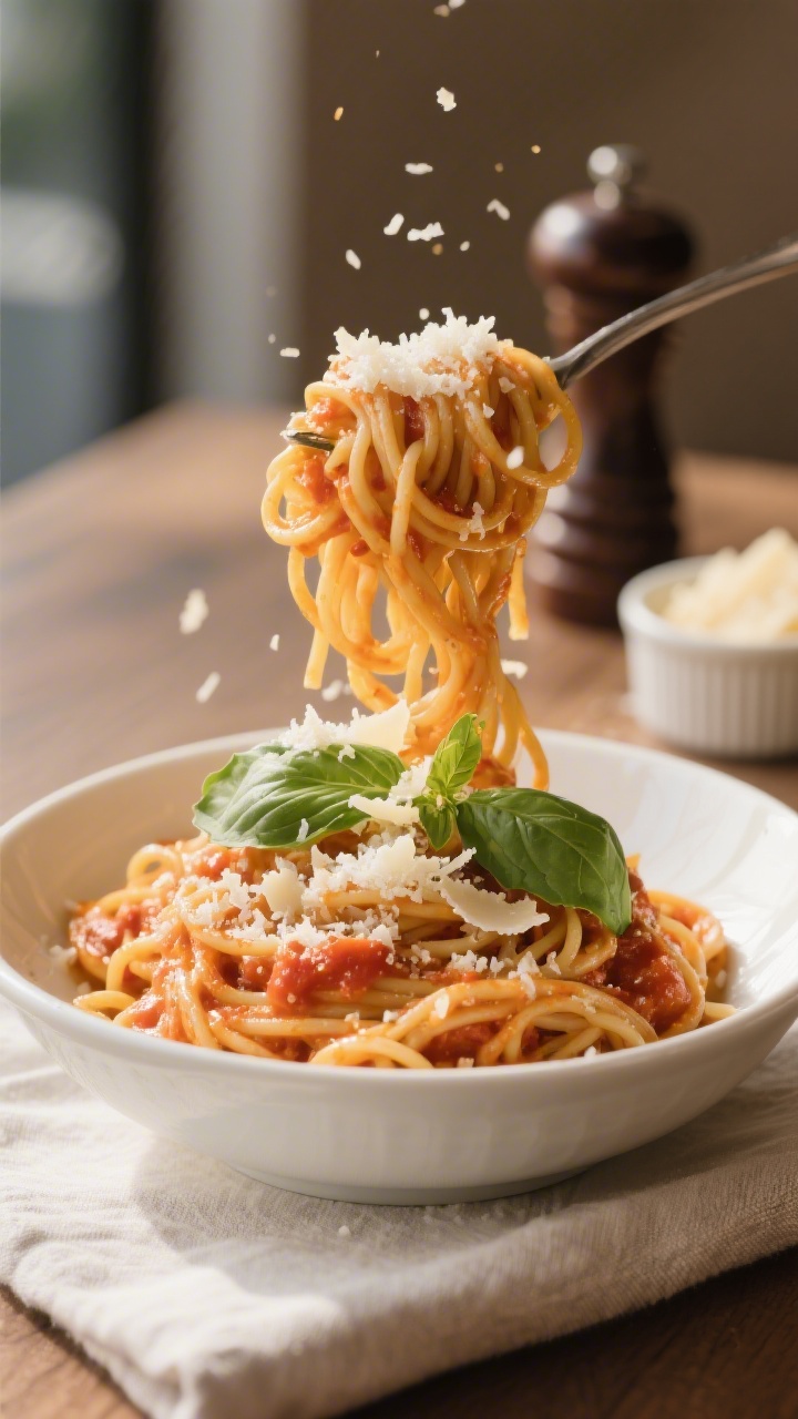Final dish presentation: Restaurant-style bowl of spaghetti twirled high in the center, coated evenl
