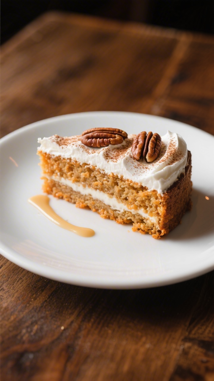 Final dish presentation: Single plated slice of Tres Leches Carrot Cake with whipped topping, delica