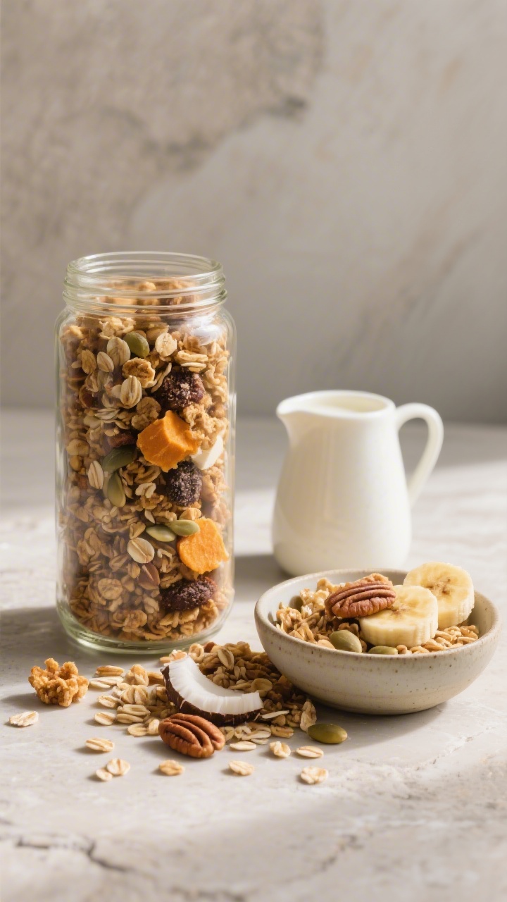 Final dish presentation: Tall jar of fully cooled protein granola with large, chunky clusters spilli
