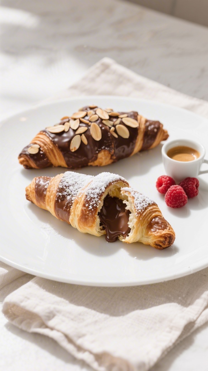 Final dish presentation (tasty top view): Overhead shot of two plated chocolate almond croissants on