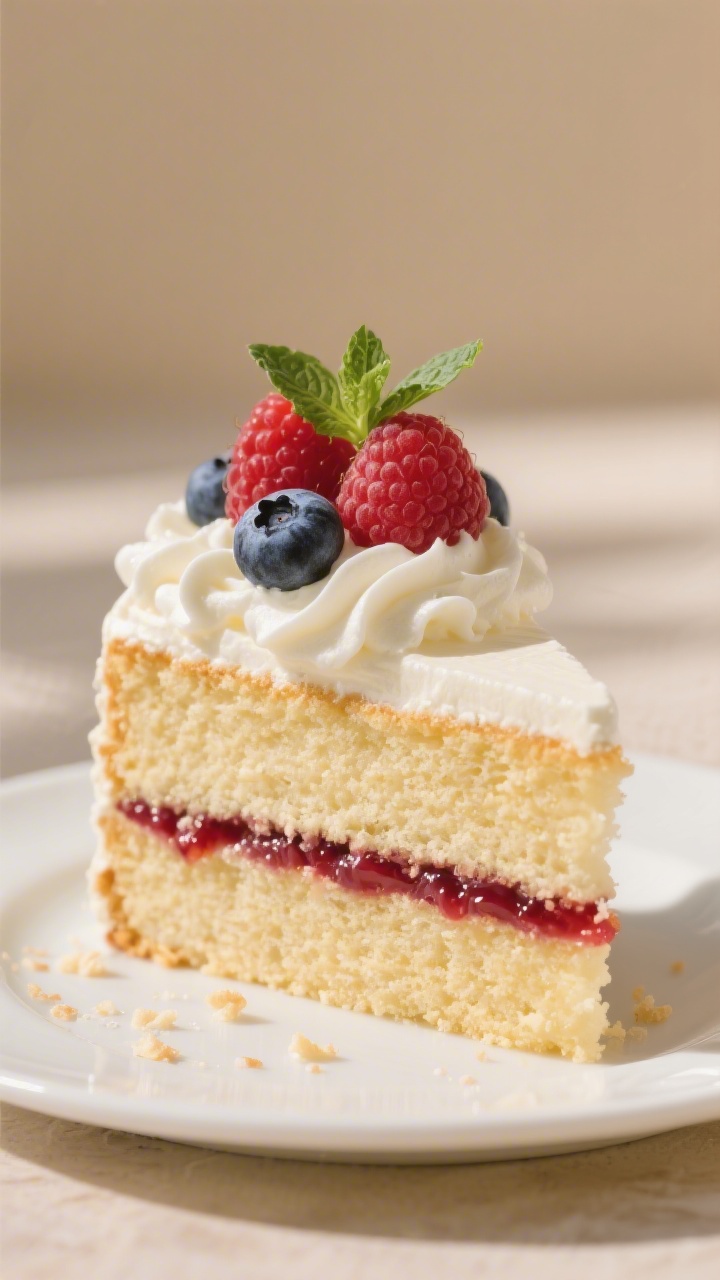Final dish presentation: Two-layer vanilla sponge cake filled with raspberry jam and topped with sof