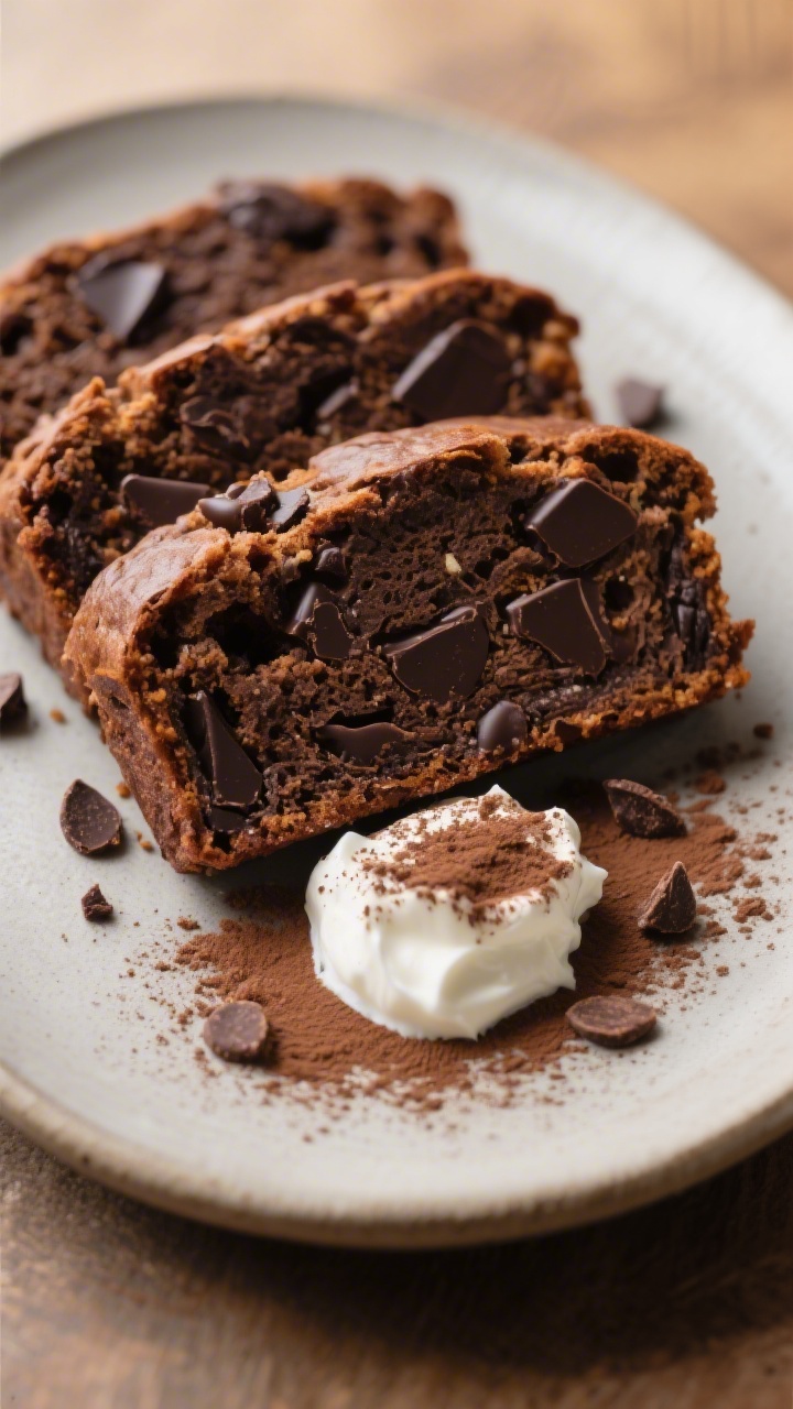Final dish — sliced and served: Beautifully plated slices of double chocolate banana bread arrange