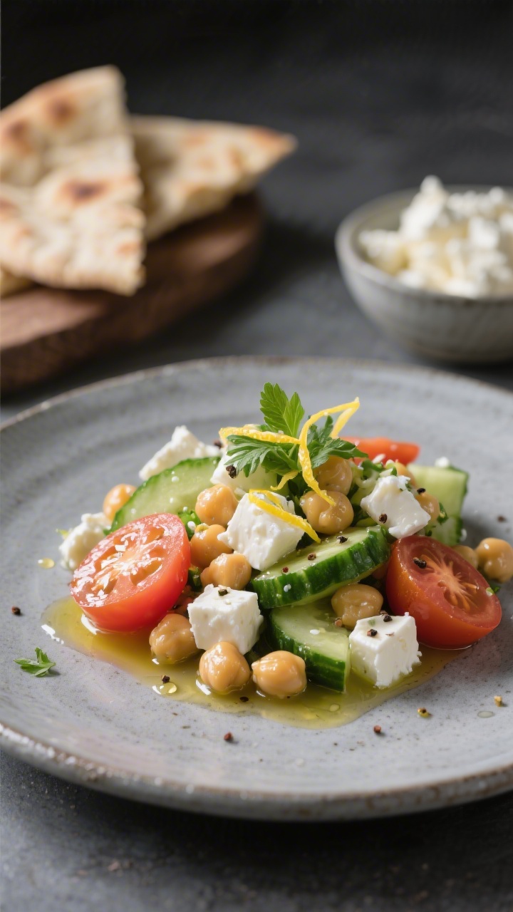 Final plated detail: Close-up of a single plated portion of Chickpea Cucumber Feta Salad on a cool g