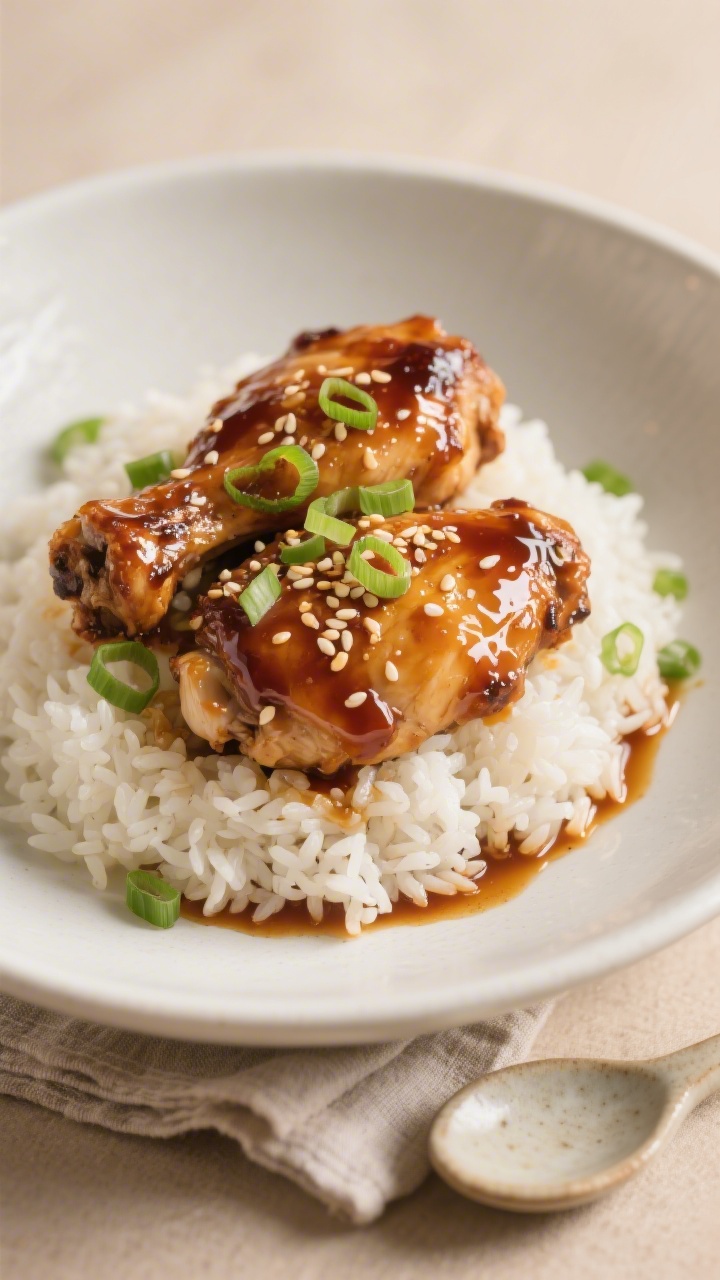 Final plated dish beauty shot: Juicy honey garlic chicken thighs glazed with a thick, lacquered sauc