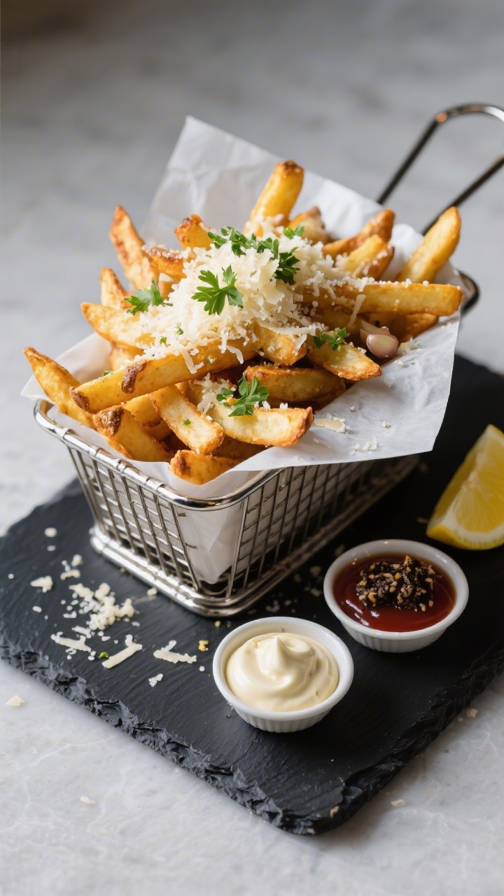 Final plated dish: Restaurant-quality presentation of Garlic Parmesan Fries served in a parchment-li