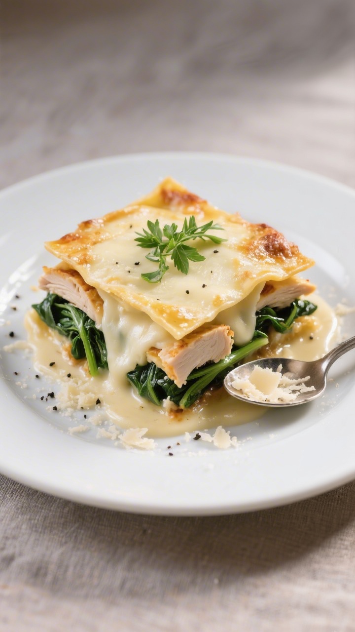 Final plated dish: Restaurant-quality presentation of a neatly sliced square of Chicken Alfredo Lasa