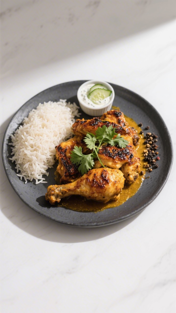 Final plated dish: Restaurant-quality presentation of pepper chicken arranged on a matte charcoal pl