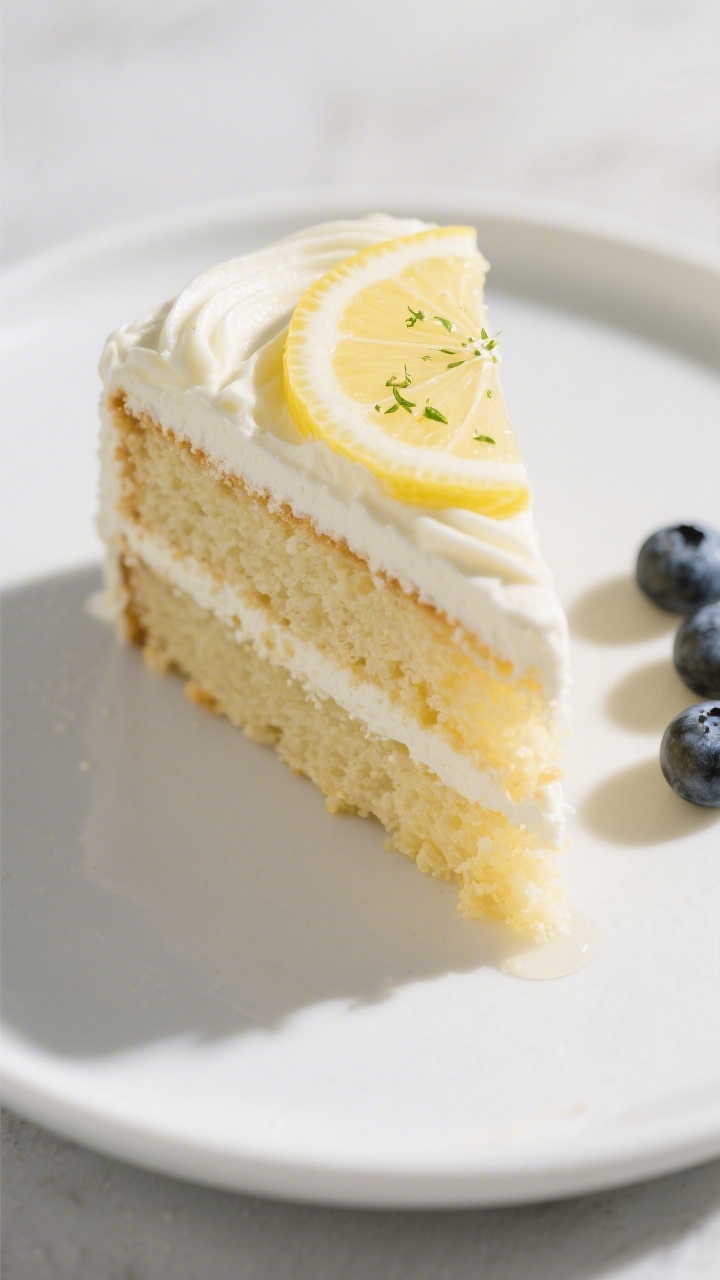 Final plated presentation: A single slice of lemon layer cake on a matte white dessert plate, showin