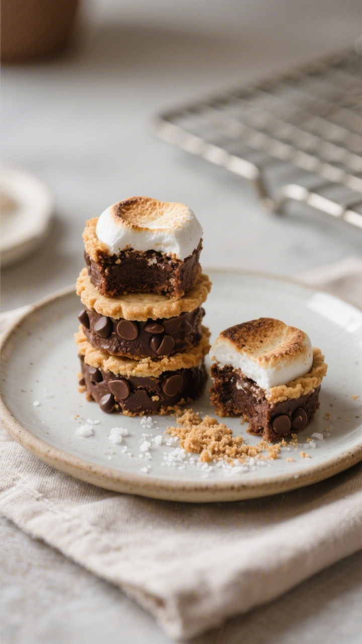 Final plated presentation: A small ceramic dessert plate with 3–4 S’mores Brownie Bites stacked