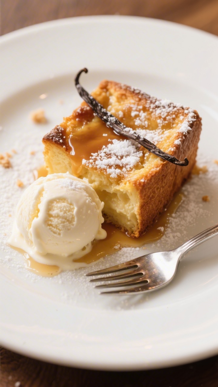 Final plated presentation: a warm square of vanilla bread pudding on a simple white plate, topped wi