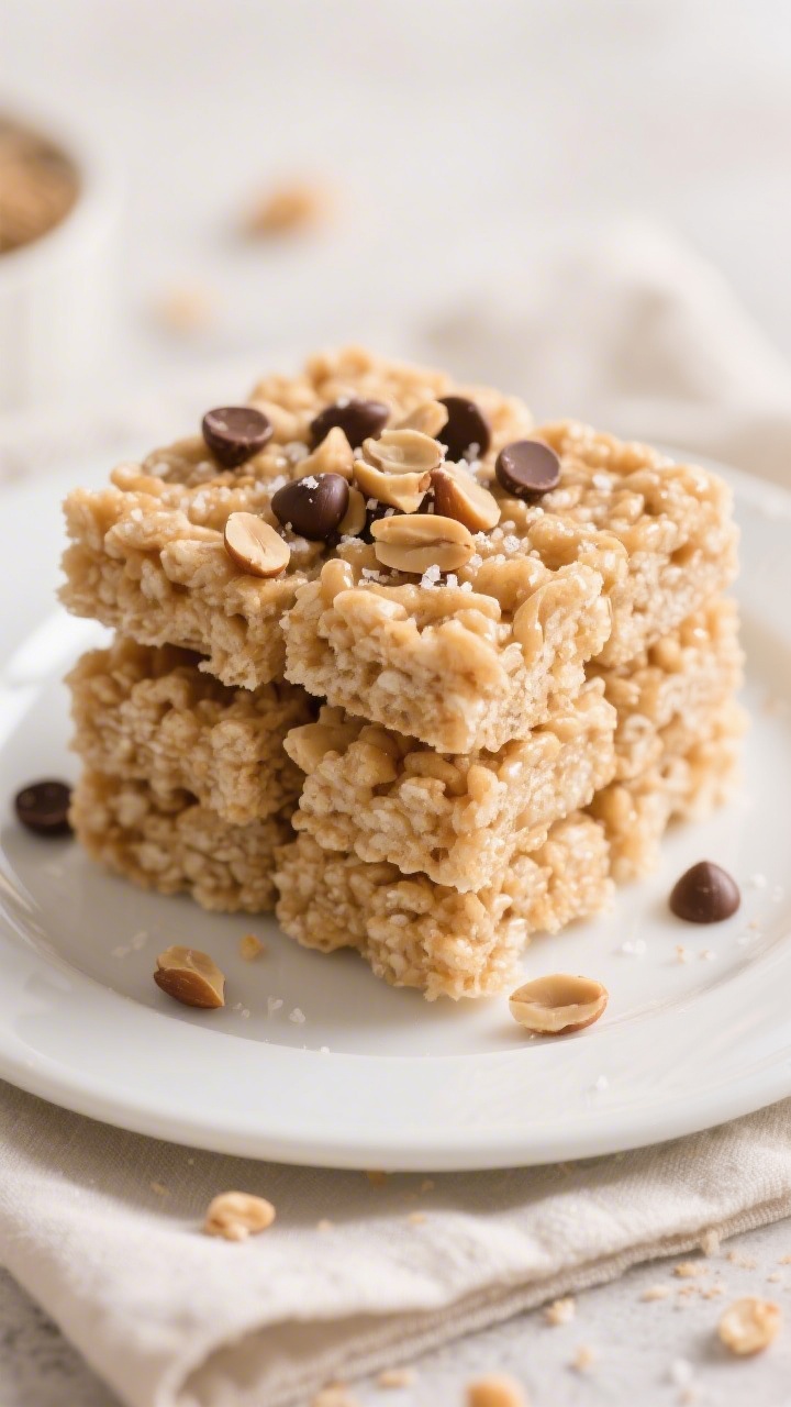 Final plated presentation: Neatly cut squares of peanut butter Rice Krispie treats stacked on a simp