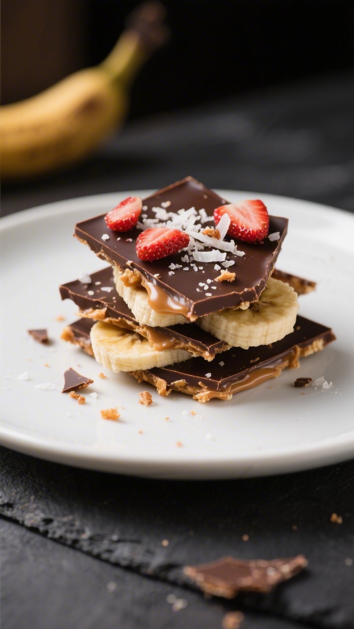 Final plated presentation: Restaurant-quality serving of broken shards of Chocolate Banana Bark stac