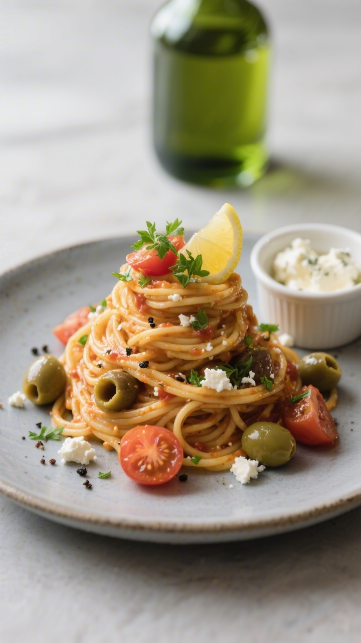 Final plated, restaurant-quality — Beautifully plated single portion of One Pot Greek Spaghetti tw