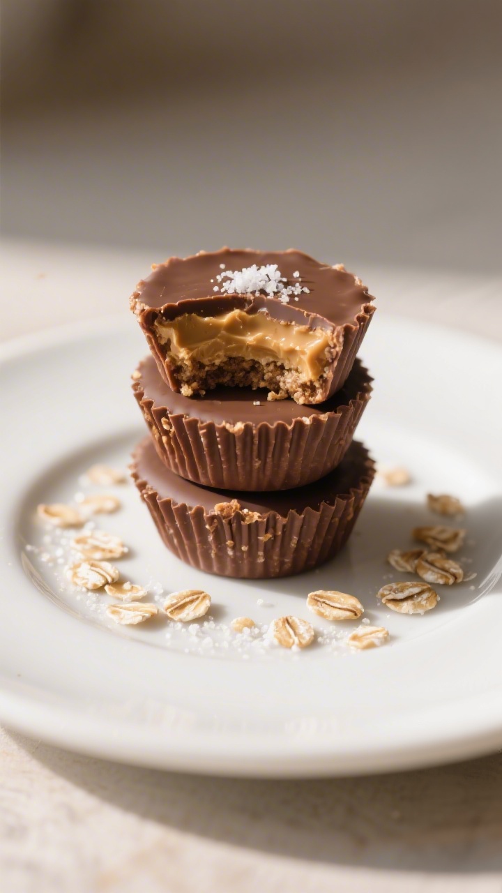 Final presentation beauty shot of unwrapped peanut butter oat cups stacked and arranged on a matte w