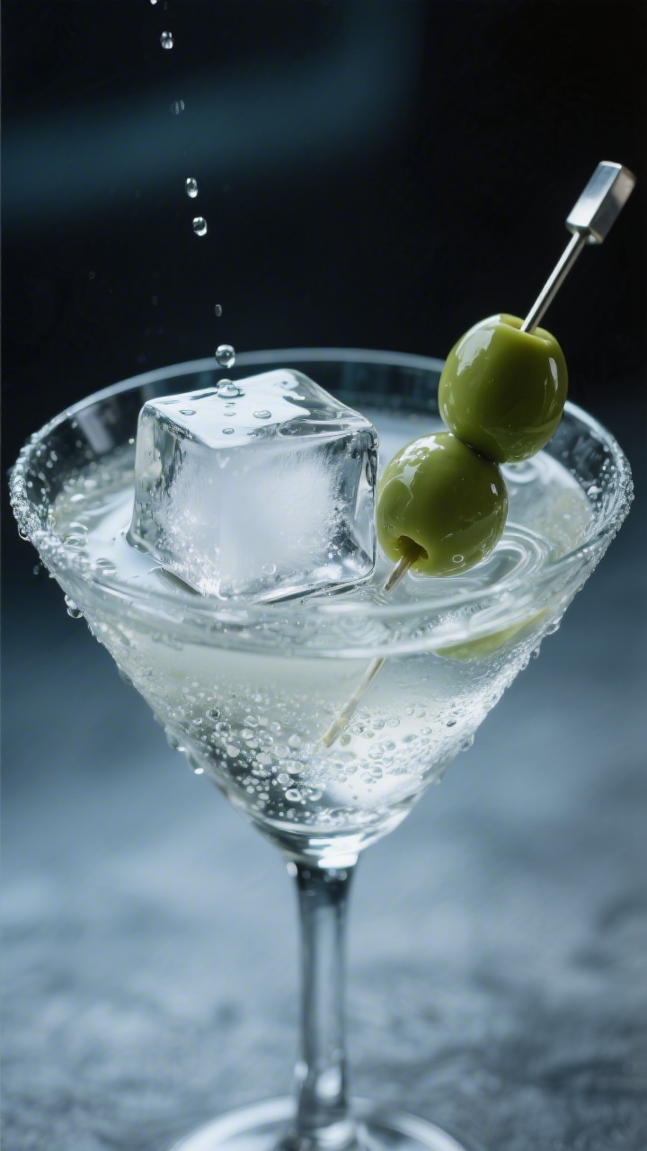 Final presentation glamour shot: Dramatic close-up of a vodka martini just after the dirty martini i