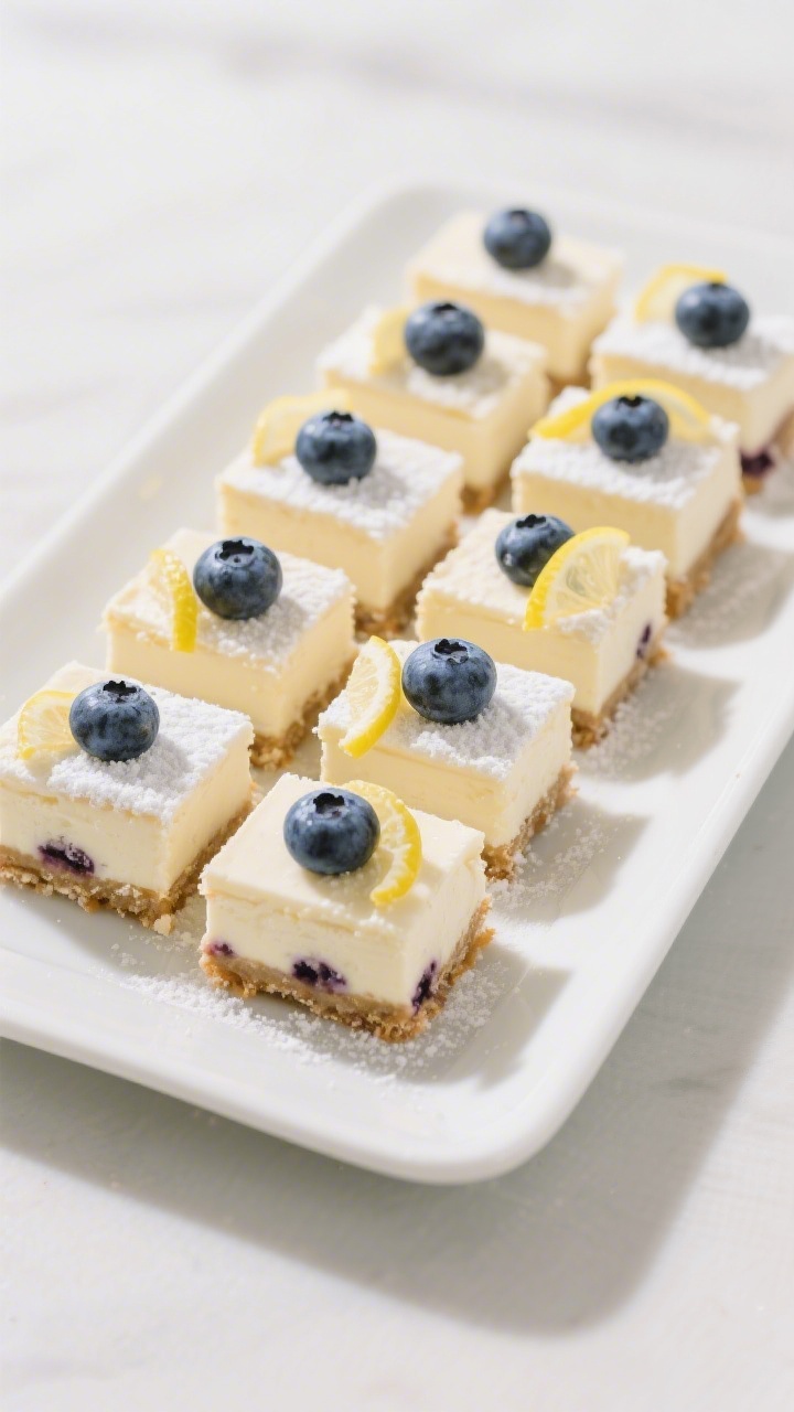 Final presentation: Restaurant-quality dessert platter of neatly cut Lemon Blueberry Cheesecake Bars