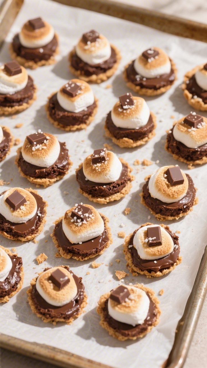 Overhead “tasty top view”: A neat grid of 12–16 S’mores Brownie Bites on a parchment-lined b