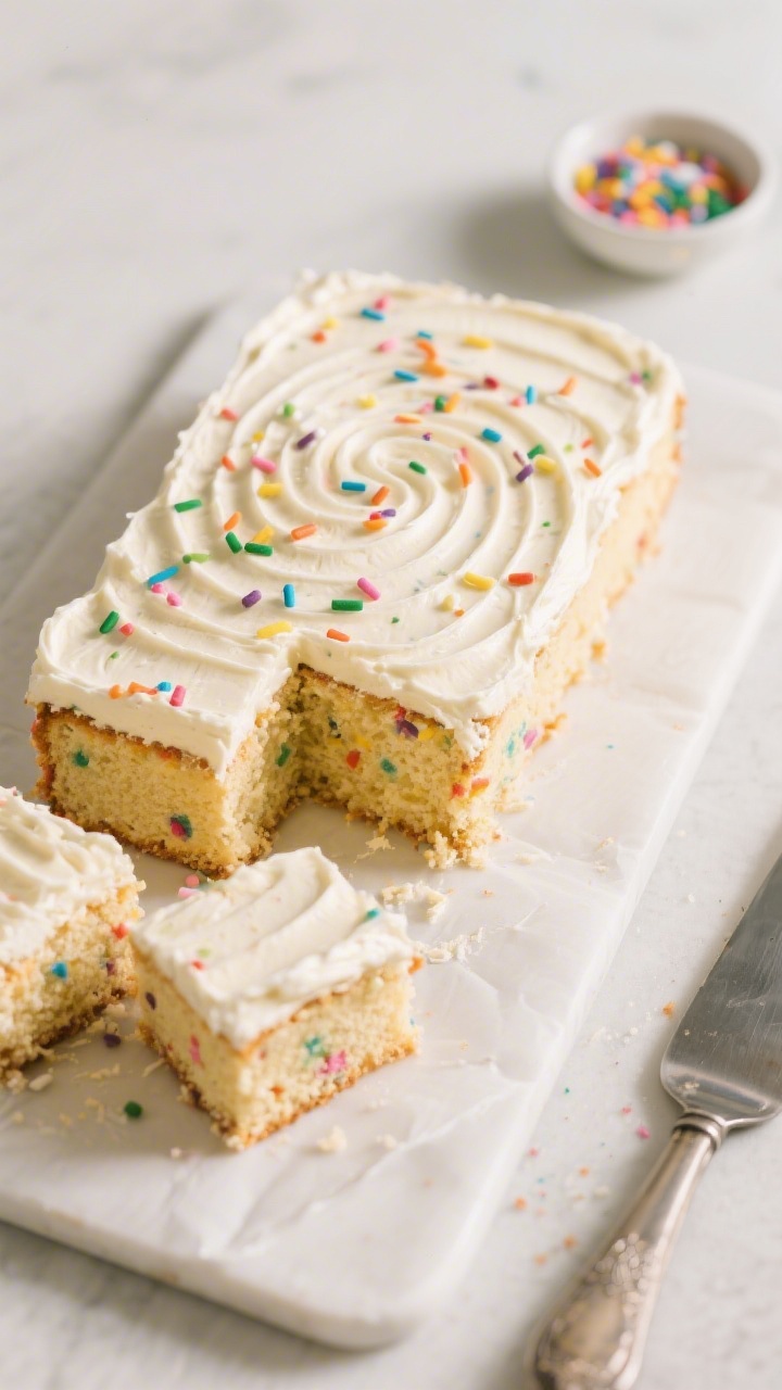 Overhead final presentation: The frosted confetti sheet cake on a white parchment-lined board, silky