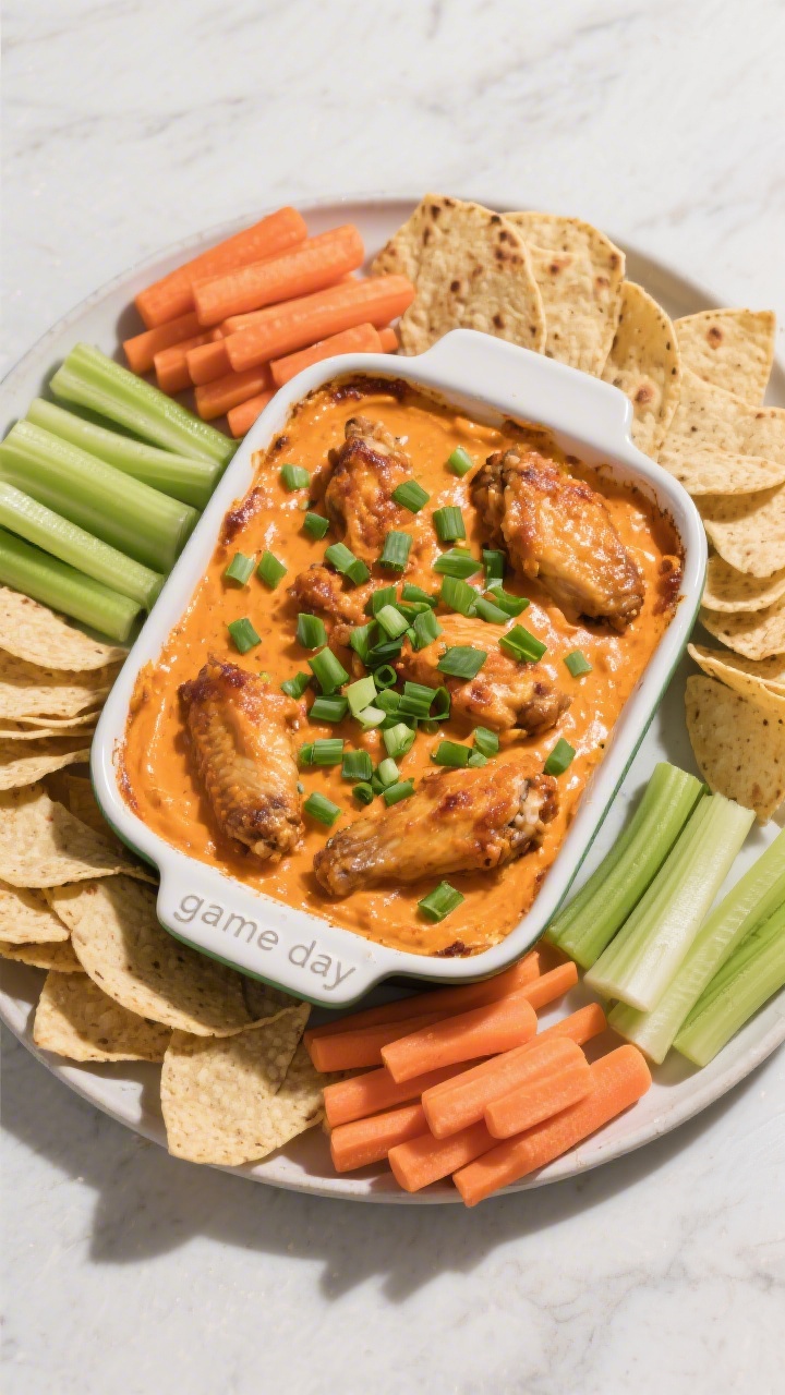 Overhead “game day” presentation of the finished chicken wing dip in the baking dish, topped wit