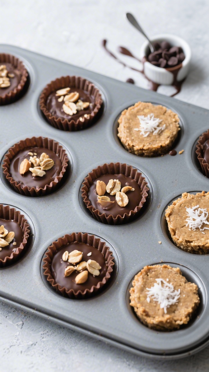Overhead “tasty top view” of a full tray of finished no-bake peanut butter oat cups in a silicon