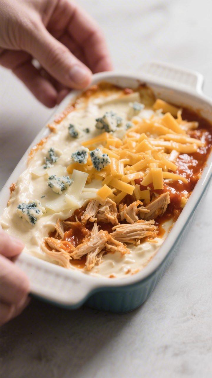 Process action scene: assembling the dip in a small baking dish—creamy, well-blended buffalo base