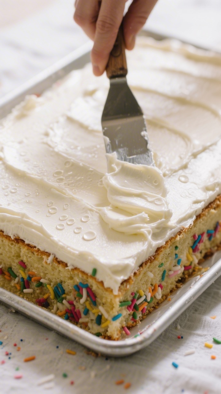 Process-in-action macro: Frosting being spread over a fully cooled confetti sheet cake, tight focus
