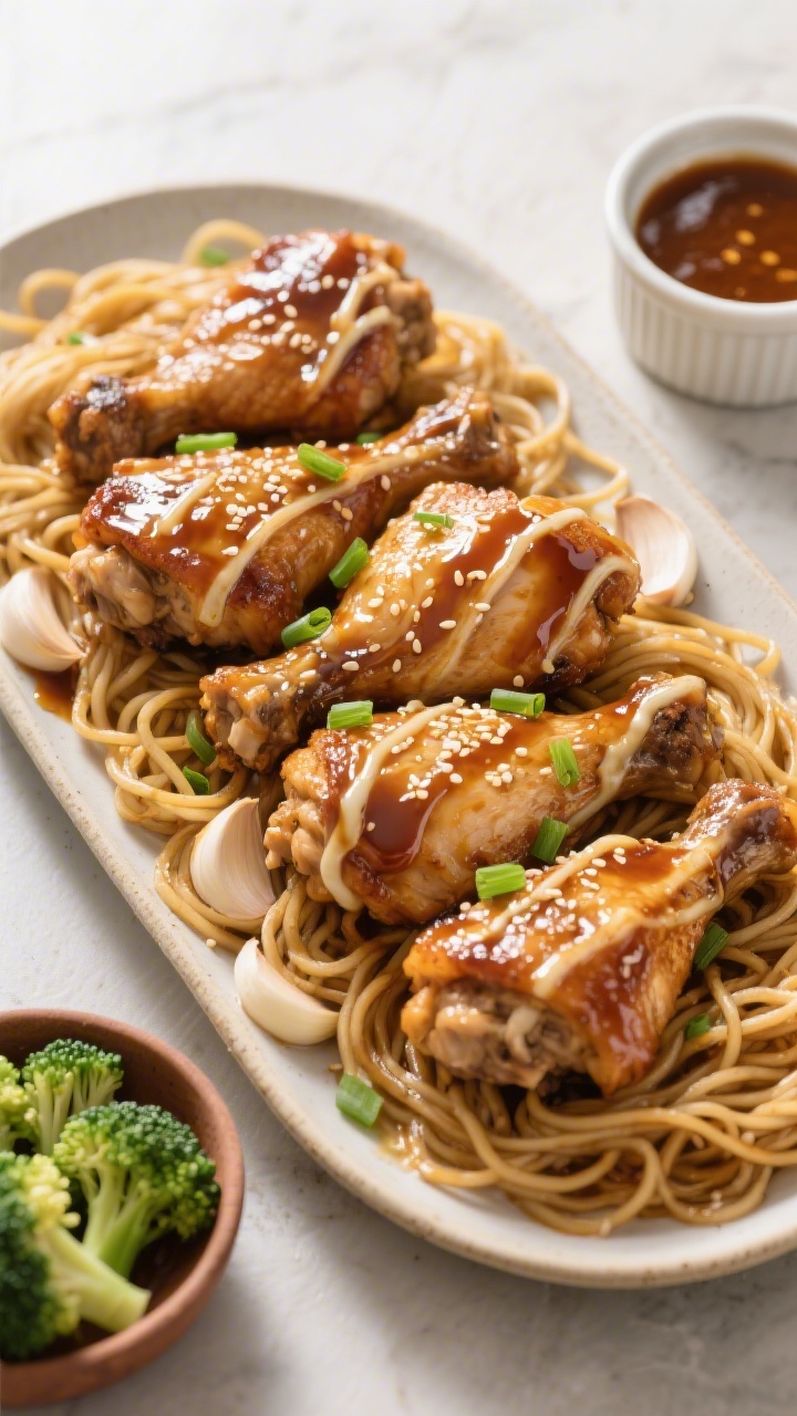 Tasty overhead serving scene: of a family-style platter of honey garlic chicken thighs arranged over
