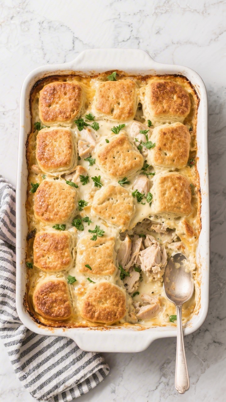 Tasty top view: 9x13 baked chicken and biscuits casserole from above, biscuits arranged with small g
